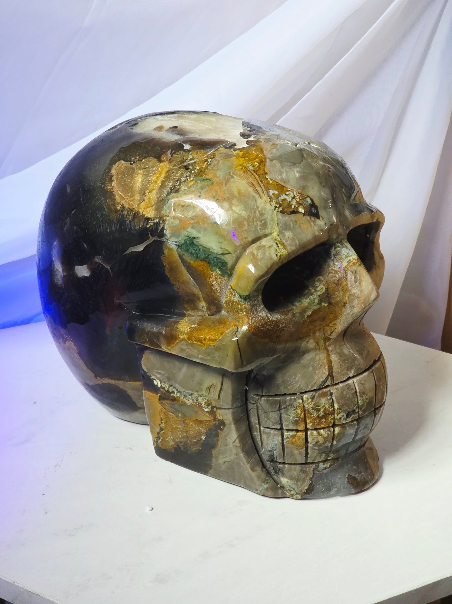 28 Pounds Skull Volcano Agate with Calcite UV Geode Hand Carved Mayan Statement Piece
