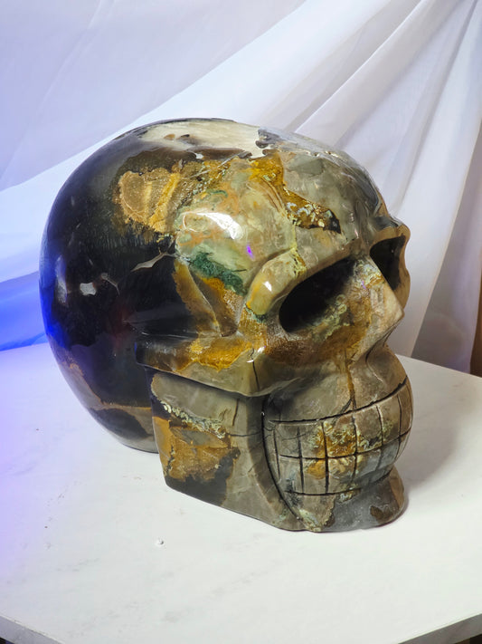 28 Pounds Skull Volcano Agate with Calcite UV Geode Hand Carved Mayan Statement Piece