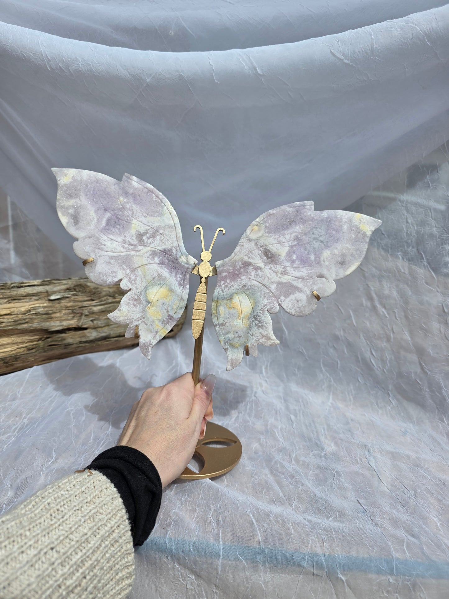 Cherry Agate Large Butterfly Crystal Wings on Gold Stand