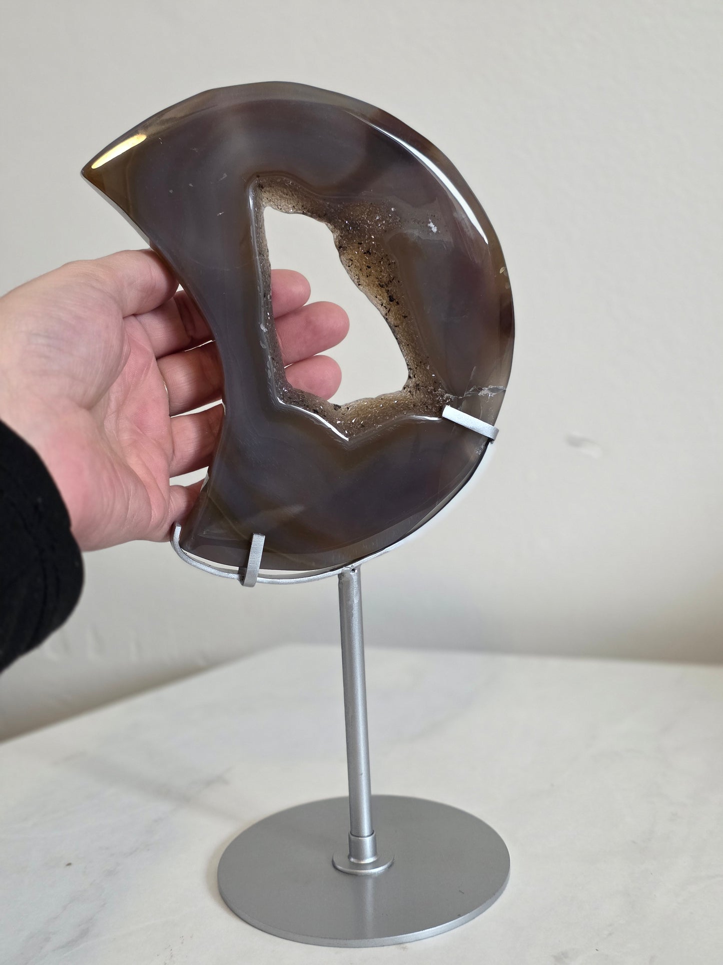 Agate Moon Carving Druzy on Custom Stand