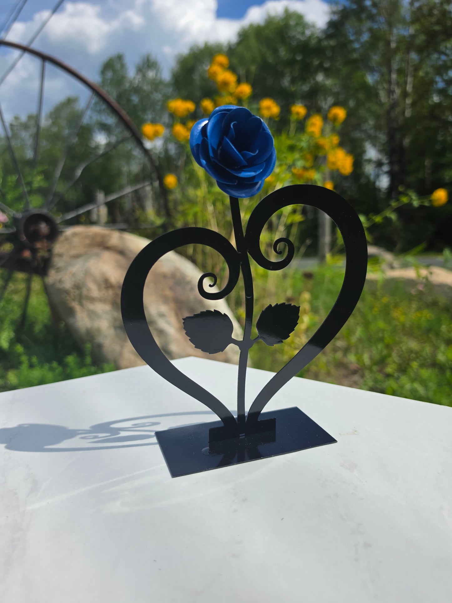Hand-Forged Iron Rose with Heart Stand Eternal Metal Flower Sculpture 0.20lb
