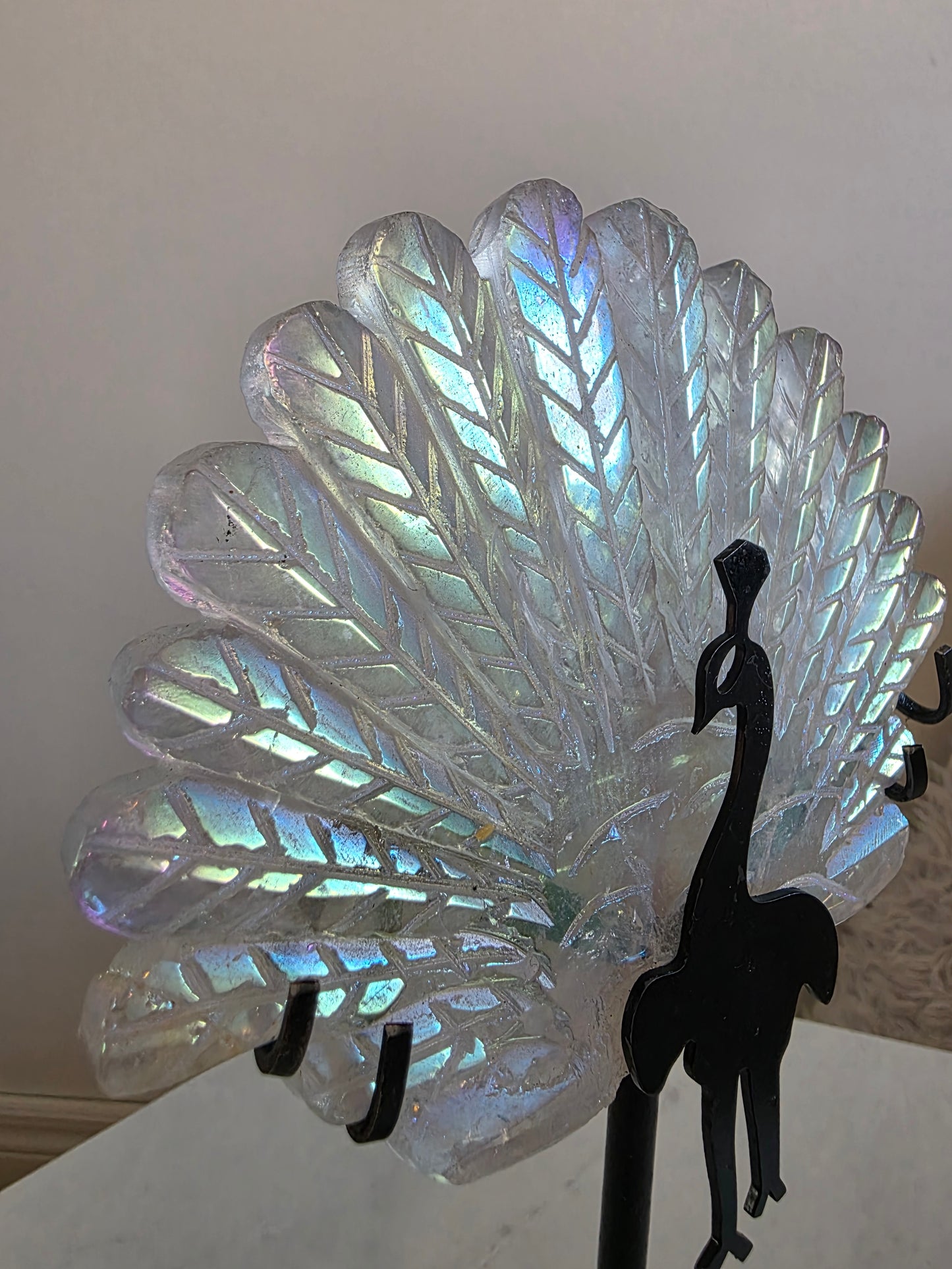 Large Peacock Clear Quartz Carving on stand