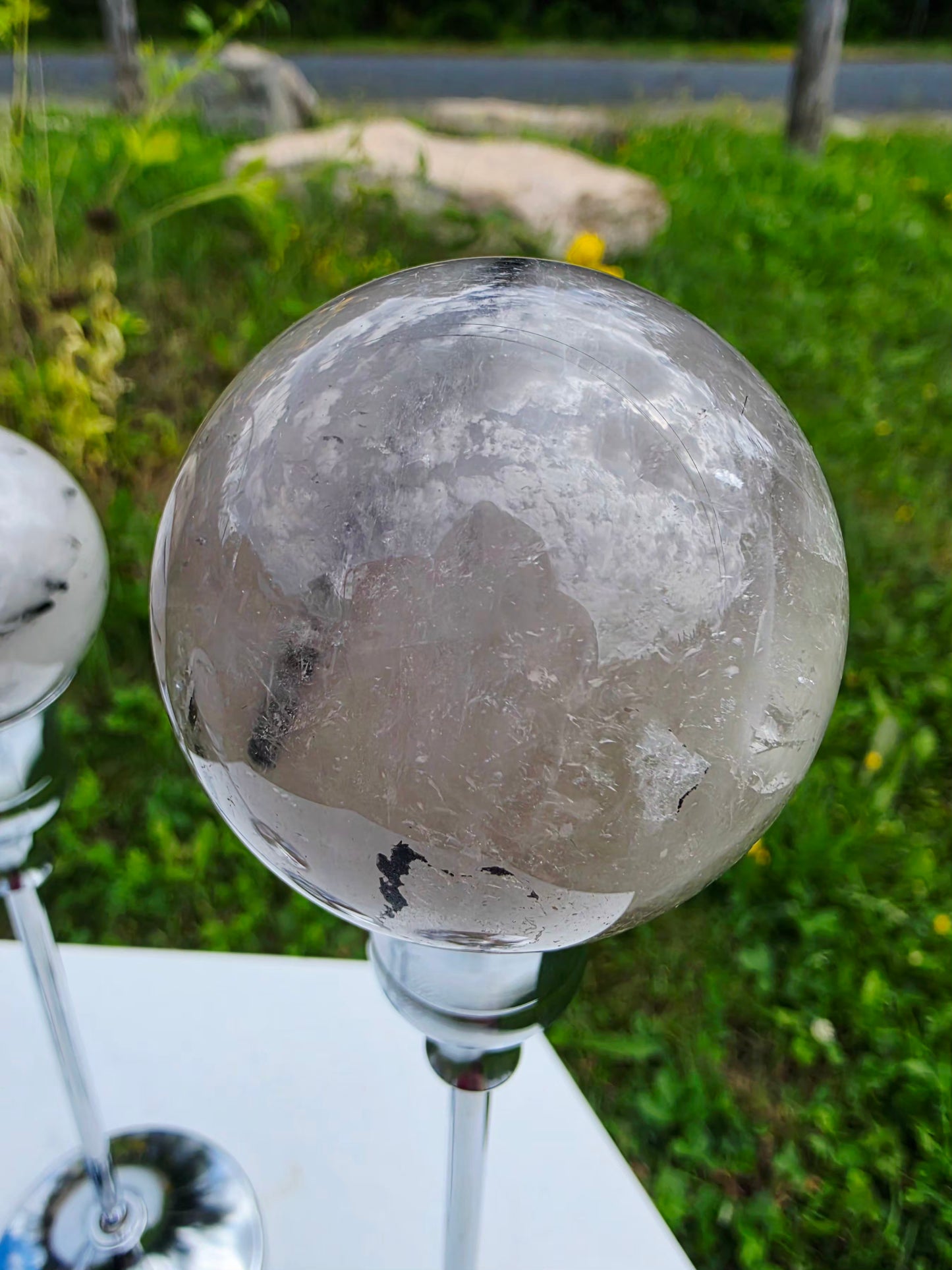 1.46 lbs Clear Quartz with Black Tourmaline Rutile 3 Spheres on Silver Stand