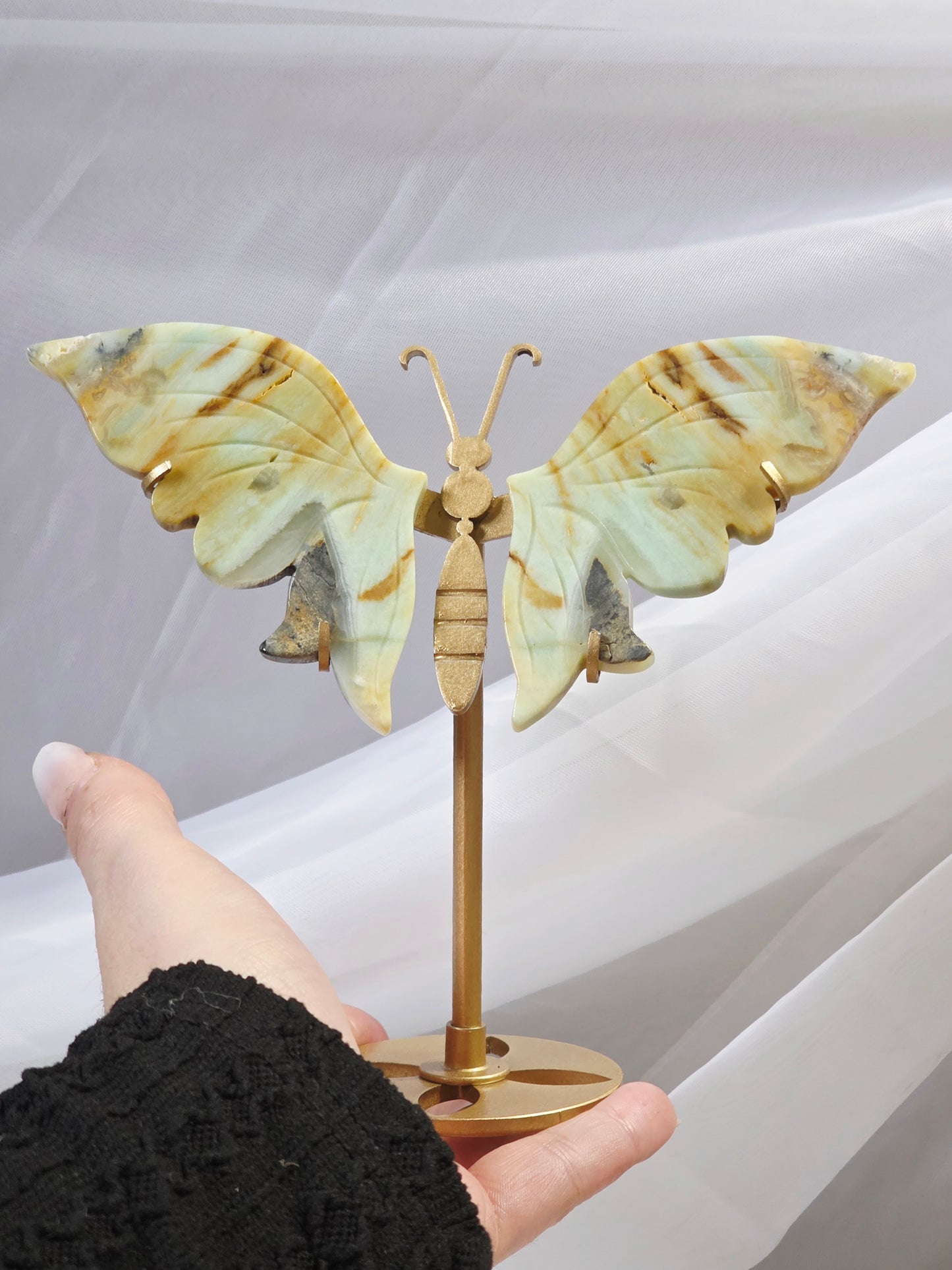 Caribbean Calcite Crystal Butterfly Wings on Gold metal stand