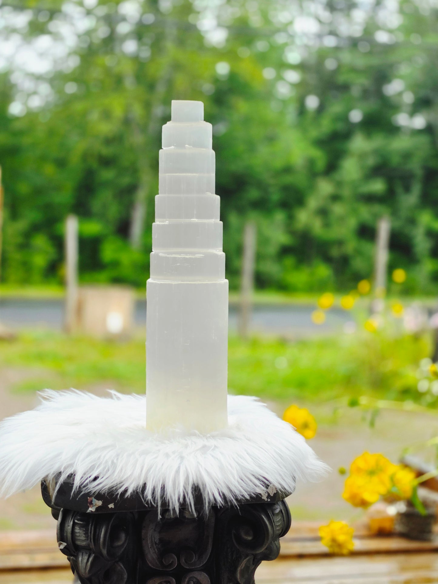3.5kg Selenite Tower 14" Wood Lamp included Natural Mineral Statement Piece