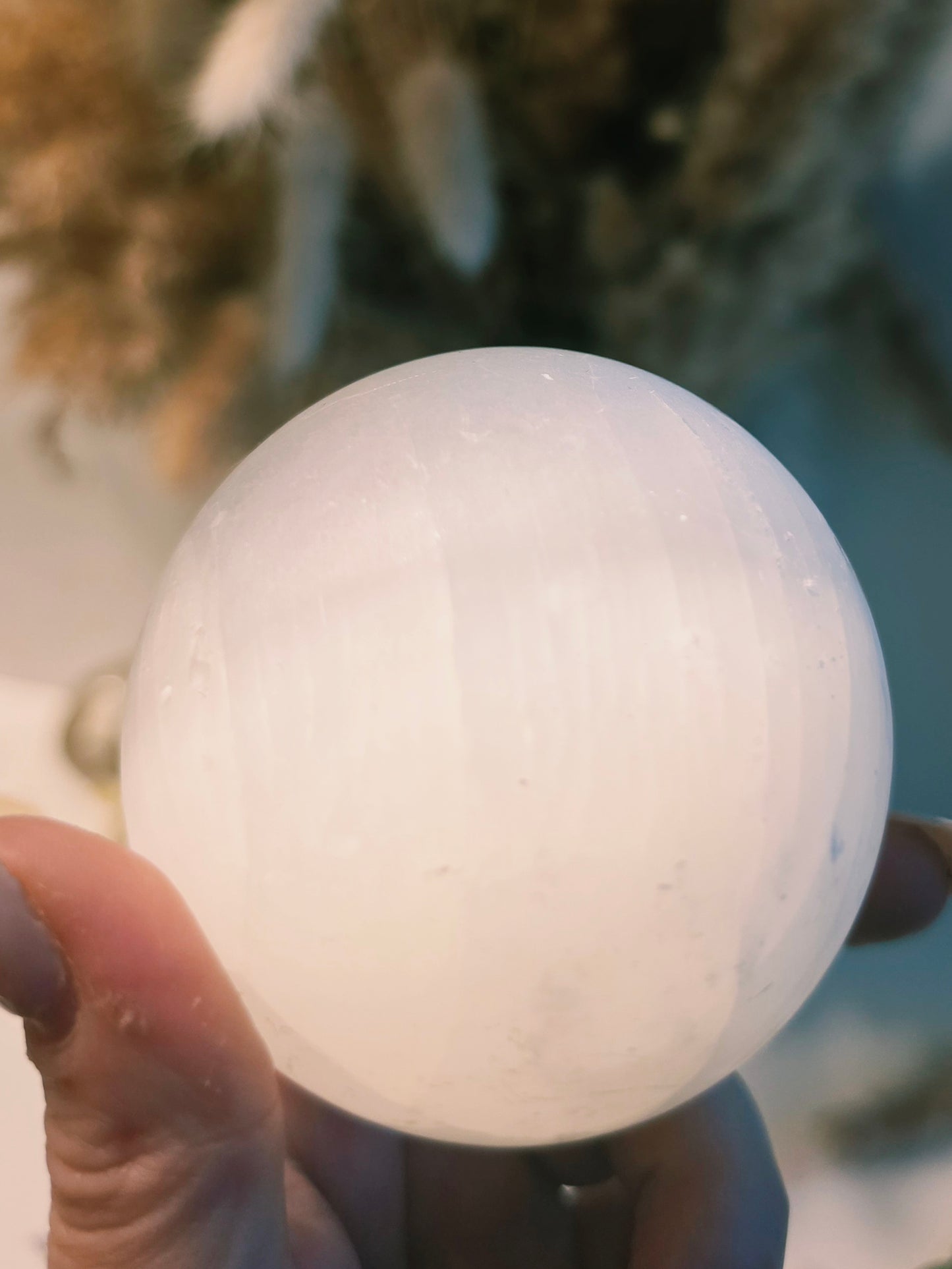 Morocco Selenite Crystal Sphere Wood Stand Medium Size