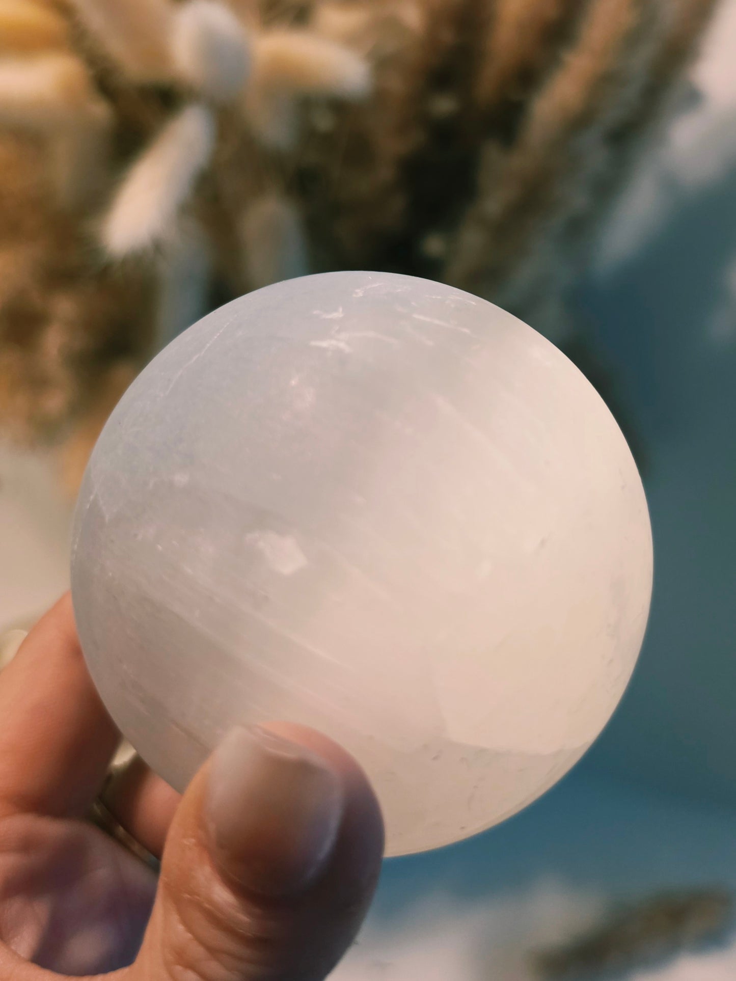 Morocco Selenite Crystal Sphere Wood Stand Medium Size